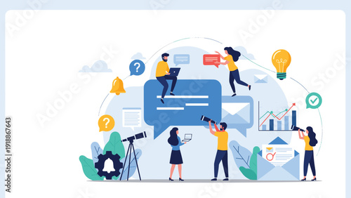 Innovative communication strategy involves people managing diverse digital tools like messaging, email, and creative idea generation.