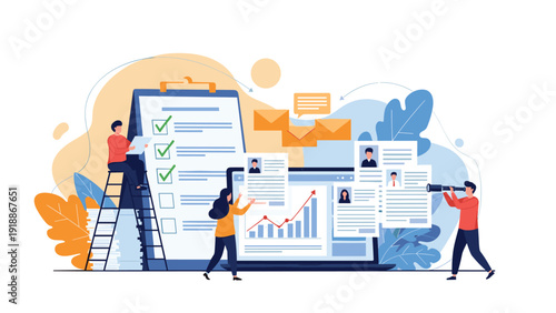 Human resources team manages a comprehensive recruitment process using checklists, candidate resumes, and financial data analysis.