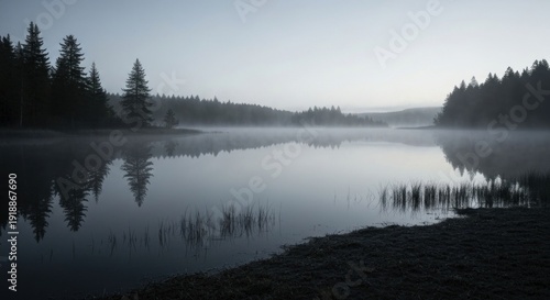 Misty lake reflects evergreens in a grayscale dawn