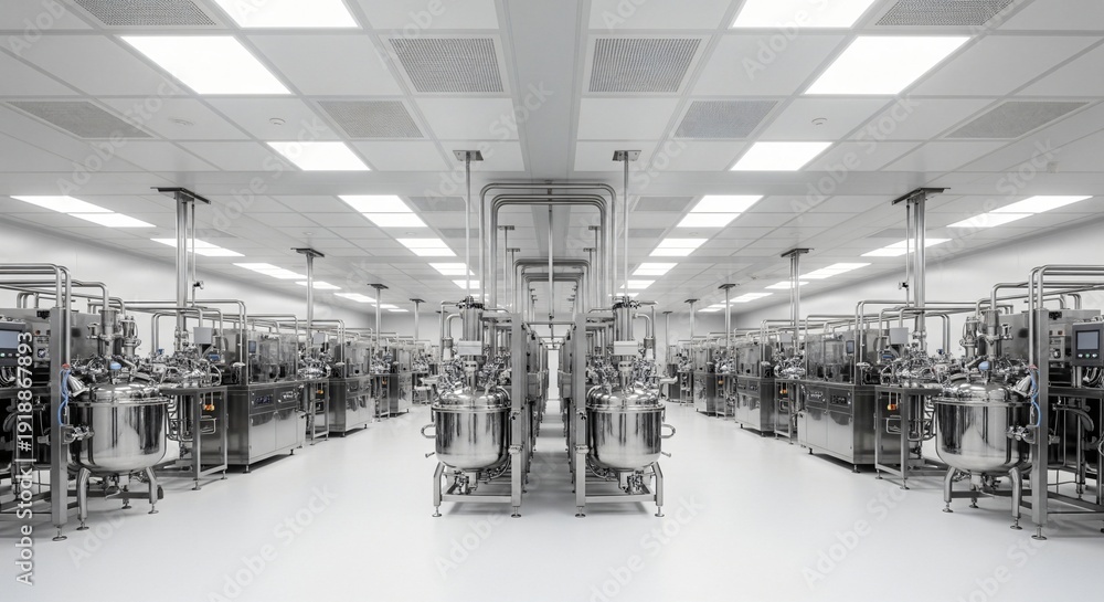 Obraz premium Sterile manufacturing facility with rows of gleaming stainless steel bioreactors and complex piping systems