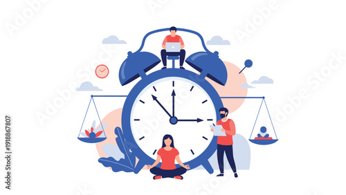 Work life balance concept shows individuals using time management tools and scales to harmonize professional tasks and personal wellness.