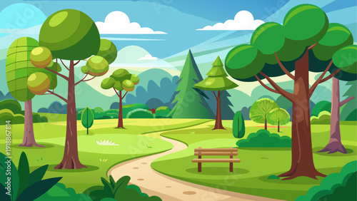 Minimal cartoon vector of a quiet forest park with simple tree shapes and wide open green space flat design