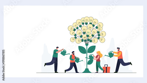 Creative team nurtures innovation by watering a tree composed of glowing lightbulbs representing the growth of ideas in a workplace.