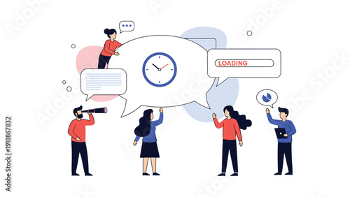 Communication and project monitoring concept features people using speech bubbles with time tracking and progress loading tools.