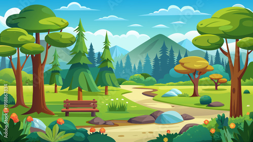 Minimal cartoon vector of a quiet forest park with simple tree shapes and wide open green space flat design