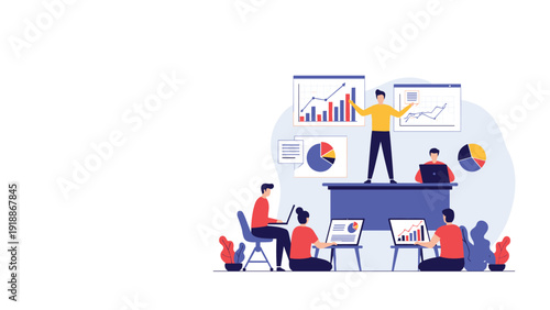 Business presentation scene depicts a speaker sharing financial growth data and analytics with a professional corporate audience.