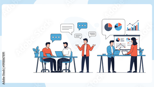 Modern office collaboration involves team members discussing business strategies and analyzing data charts for corporate growth.