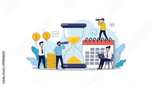 Business professionals monitoring financial growth and deadlines using a giant hourglass, calendar, and stacks of gold coins.