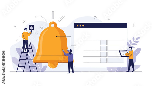 Team of office workers managing digital notifications and schedules with a massive golden bell and a web browser interface.