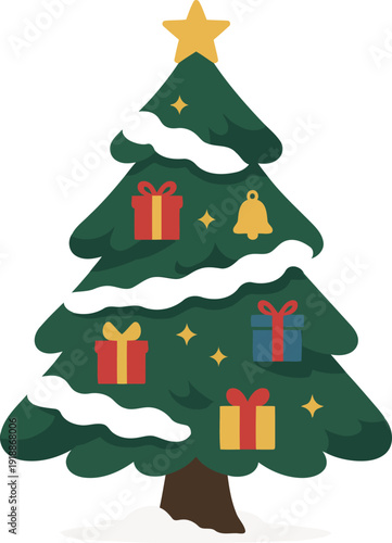 A vibrant illustration of a decorated Christmas tree featuring colorful presents and a bell, capturing the spirit of holiday joy and family gatherings during festive seasons.