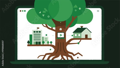 Illustration Of A Tree With Roots Turning Into A Modern Office Building, And Turning Into A Comfortable Residence, A Small Laptop As A Connection Center Vector Design Template