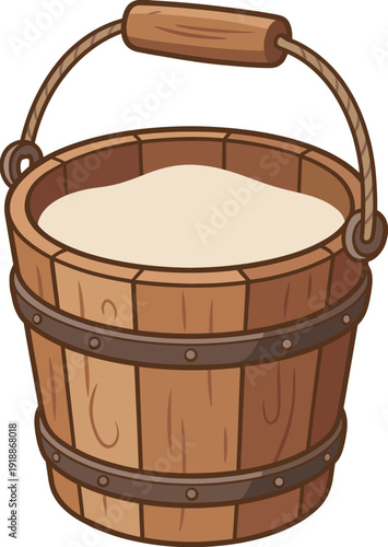 A rustic illustration of a wooden bucket filled with soft white material, perfect for representing traditional craftsmanship and simplicity in everyday life imagery.