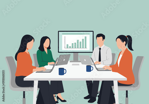 Business meeting with professionals working on laptops and analyzing data.