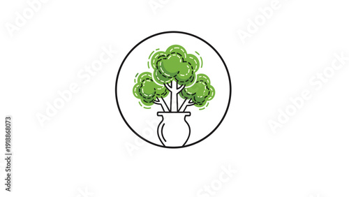 Minimalist illustration of a leafy green tree in a white ceramic vase enclosed within a circular border on a plain background.