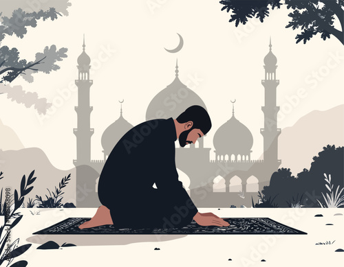 Mosque at night with Islamic calligraphy and Cairo style architecture silhouette