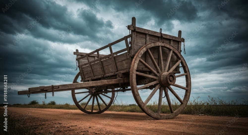 Obraz premium Old wooden cart on dirt road, stormy sky
