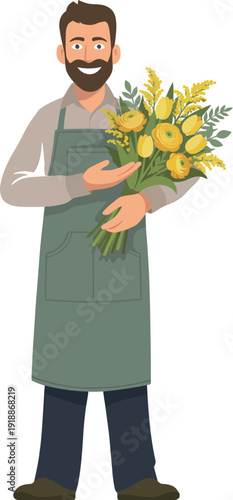 A cheerful male florist presents a vibrant bouquet of yellow flowers, celebrating the beauty of nature and craftsmanship, perfect for occasion gifts and floral arrangements.