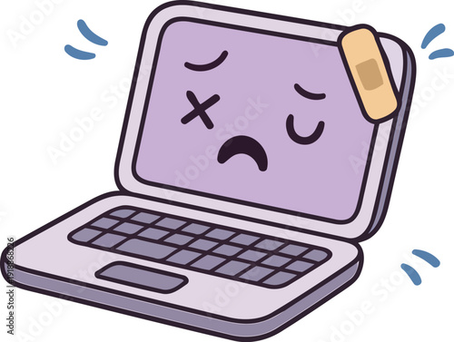 A cartoon laptop with a sad face and a band-aid symbolizes technology issues and the relatable struggles of dealing with computer troubles in a humorous and light-hearted way.