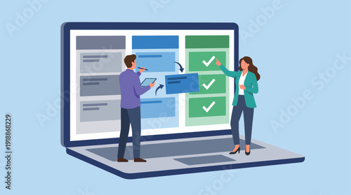 In this vibrant illustration, a diverse team collaborates on task management, showcasing teamwork, communication, and organization while incorporating modern technology elements.