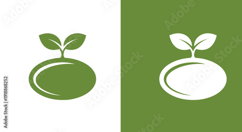 A minimalistic graphic illustration featuring a vibrant green sprout with two leaves growing from an oval shape, presented in two contrasting color schemes of green on white and white on green backgro