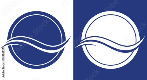 A clean and modern graphic design featuring a stylized blue wave element encapsulated within a perfect circle, presented in two variations with contrasting blue and white backgrounds for versatile bra