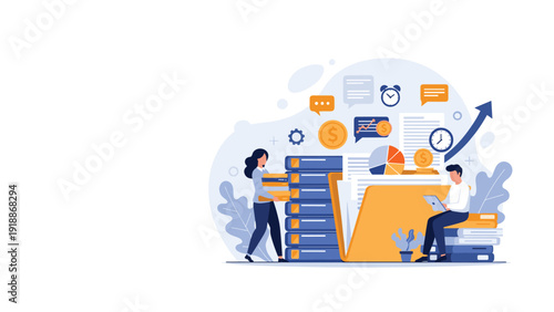 Office workers organizing a massive document folder filled with financial records, data charts, and gold coins for efficient filing.