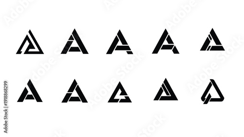 Set of ten unique geometric logo designs of the letter A enclosed within various triangular shapes and structures in black and white.