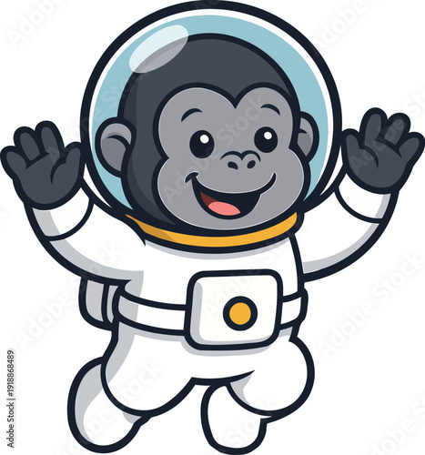 This adorable gorilla astronaut character features a cheerful expression, wearing a space suit with a transparent helmet, set against a playful outer space backdrop.