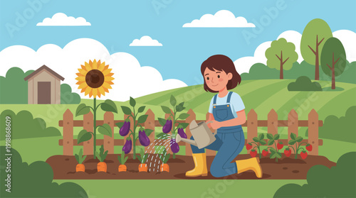 A young woman watering her vibrant garden filled with various vegetables and plants, embodying the joys of gardening and the connection between humans and nature.