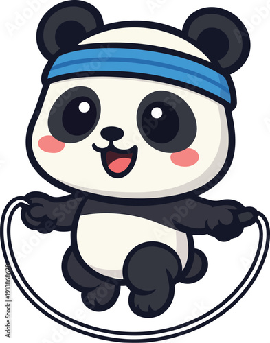 This adorable panda character is happily jumping rope while wearing a blue headband, showcasing a fun and playful side of fitness and animals in an animated style.