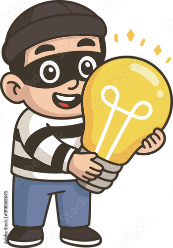 A mischievous child dressed in stripes is joyfully holding a bright light bulb, illustrating a humorous take on creativity and thinking outside the box in a cartoon style.