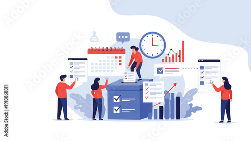 Citizens and officials participating in an election process by casting ballots and managing registration lists with a large voting box.