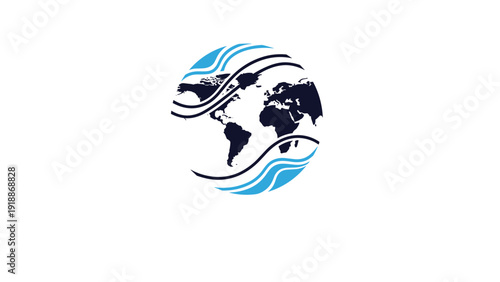 Creative global connectivity and international logistics logo design with stylized earth globe and blue dynamic wave lines.