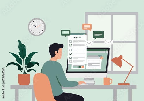 Person managing tasks and digital communication on computer at desk