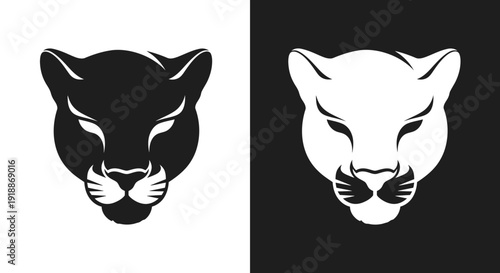 A sleek and aggressive graphic illustration of a panther or puma head with sharp features and a powerful expression, rendered in solid black on white and crisp white on black backgrounds.