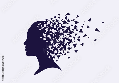 Woman's head silhouette dissolving into triangles, abstract mental health concept