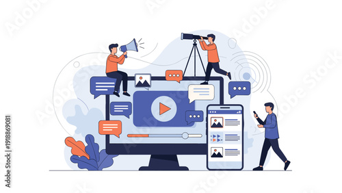 Digital video content creation and streaming concept with people characters using camera, megaphone, and computer.