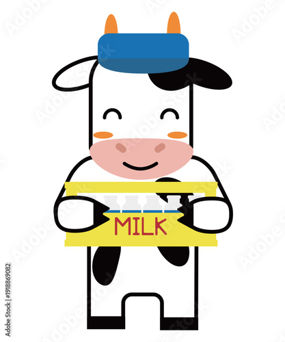 牛乳配達をする牛のキャラクターの牛乳箱を持った笑顔のイラスト