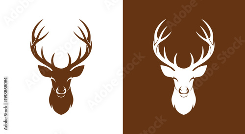 A majestic and regal graphic illustration of a deer or stag head with impressive multi-pointed antlers, presented in a rich brown on white and crisp white on a dark brown background, symbolizing natur