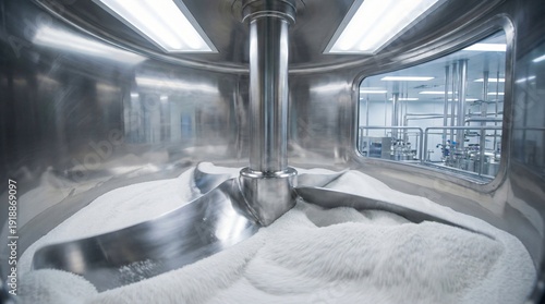 Stainless steel industrial mixing tank filled with white powder a large central agitator blades churning