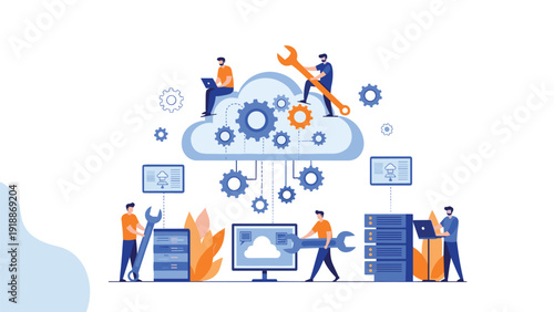 Cloud server maintenance and technical support concept with people characters repairing and managing digital data.