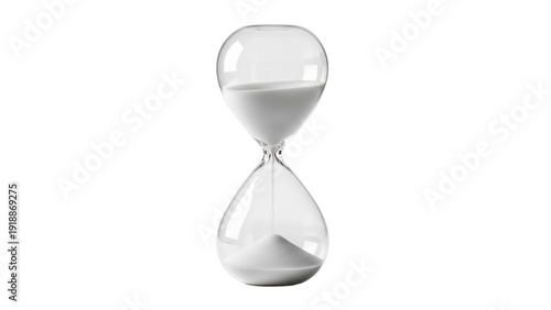 White sand flowing in transparent glass hourglass, counting down time, cut out, stock png, isolated on transparent background