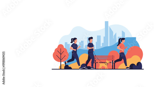 Group of people jogging and running together in a city park with a dog representing healthy active lifestyle.
