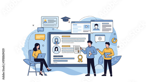 Recruitment and candidate selection process concept with human resources team reviewing profiles on a screen.