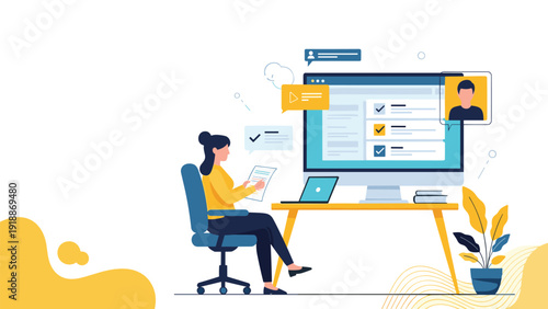 Remote work and online feedback concept with woman working on a laptop and reviewing a survey on screen.