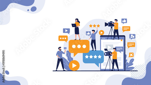 Modern digital marketing and media production concept with team characters creating video content and ads.