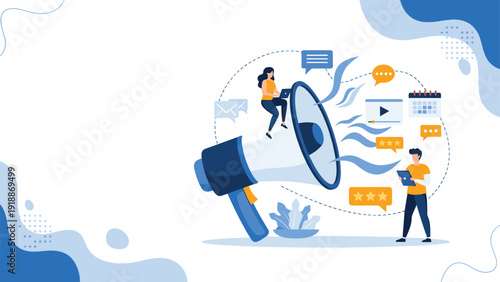 Brand promotion and marketing communication concept with people characters around a giant megaphone and icons.