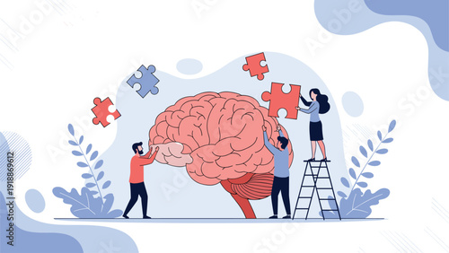Small people work together to assemble a large human brain like a puzzle symbolizing teamwork and collective intelligence.