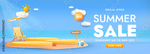 Vibrant 3D Summer Sale Discount Beach Promotion Banner