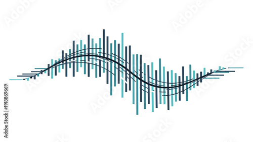 Dynamic sound wave illustration uses teal and dark gray vertical bars to represent audio frequency and digital music levels.